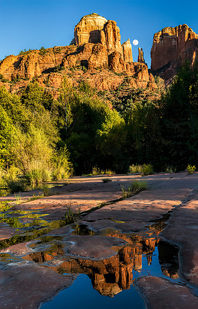 Moon rising Over Cathedral Rock Reflection at Red Rock Crossing 3 HiRes