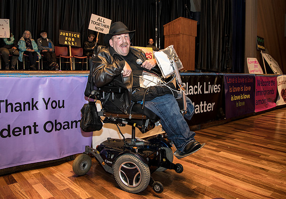 T. Scussel - Peter Mendoza speaks on Rights for People with Disabilities at Marin is Marching  - San Rafael B Street Community Center