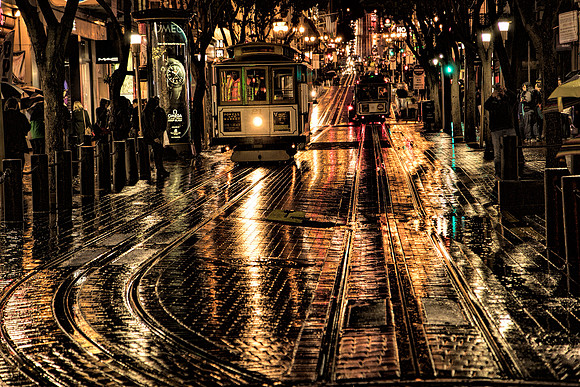 Cable Cars on a Rainy San Francisco Night
