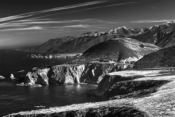 Morning Side Light over Pacific Coast and Bixby Creek Bridge B&W